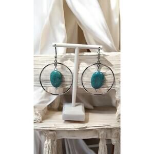 Turquoise Blue Stone Drop Dangle Earrings Silver Tone Boho Southwest
